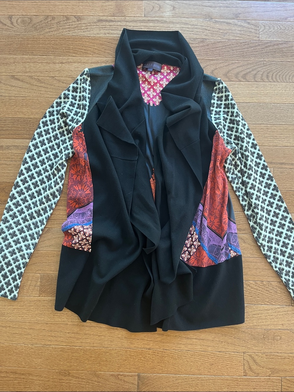 Hale Bob Black Draped Blazer with Patterned Sleeves and Multicolor Panels